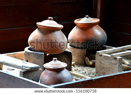 Thai ancient strove and pots set. A traditional Thai style kitchen still found in the countryside.