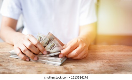 Thai Baht Bank Note Counting With Woman Hand.