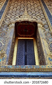  Thai buddhism pattern wall and window of ordination hall, Wat Phra Kaew, Bangkok, Thailand