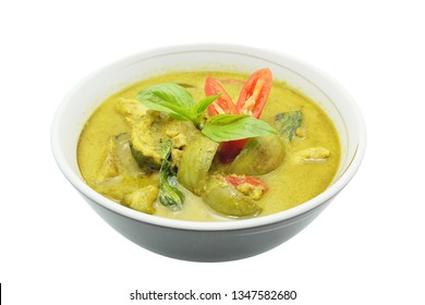 Thai chicken green curry with eggplant in a bowl isolated 