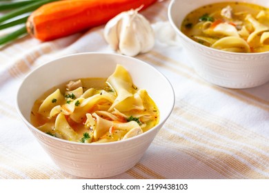 Thai Chicken Soup In A White Bowl.