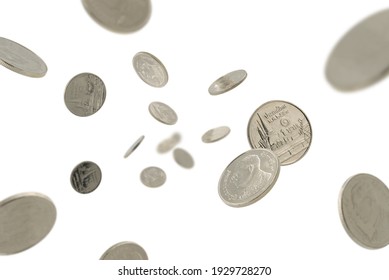 Thai coins falling on white background.Saving money for business and financial concept