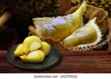 Thai Dessert : Durian Mochi Or Moon Cake Or Durian Daifuku On Wood Chop, Moon Cake For Mid Autumn Festival, Chinese Happy New Year And Moon Festival. Still Life In Studio.