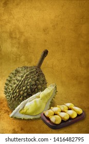 Thai Dessert : Durian Mochi Or Moon Cake Or Durian Daifuku On Wood Chop, Moon Cake For Mid Autumn Festival, Chinese Happy New Year And Moon Festival. Still Life In Studio.