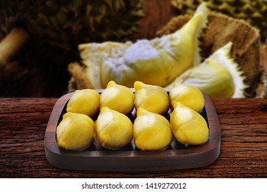 Thai Dessert : Durian Mochi Or Moon Cake Or Durian Daifuku On Wood Chop, Moon Cake For Mid Autumn Festival, Chinese Happy New Year And Moon Festival. Still Life In Studio.