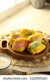 Thai Dessert Jackfruits Sticky Rice On Wooden Plating In Selective Focus, Noise, Grainy And Blurred Background. Overexposed Lighting.