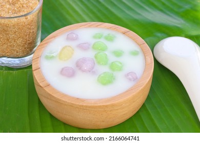 Thai desserts with coconut milk and milk, Bualoy desserts delicious placed I put it on a banana leaf.