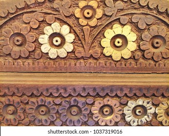 Thai Engraved Wood Sculpture.color flowers pattern on hard wood. 