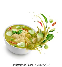 Thai Food Chicken Green Curry Isolated On White Background ,sliced Chicken Beast Fillets, Quartered Eggplants, Pea Eggplant, Basil Leaves ,Kaffir Lime Leaves And Pepper Splash On The Air.