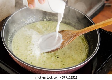 Thai Food Cooking, Pouring Coconut Milk Into A Pan To Making Green Curry