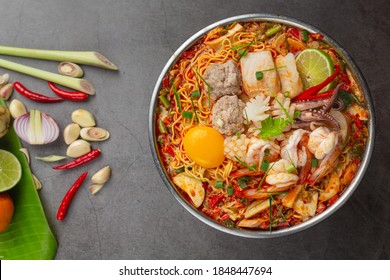 Thai Food; Instant Noodles Spicy Boil With Seafood And Pork In Hot Pot