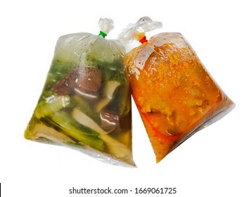 

Thai Food Prepared In A Tasteless And Spicy Plastic Bag Placed On A White Background