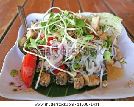 Thai Food Scene of Salad Fermented Rice Flour Noodles with Fried fish