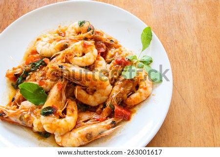 Thai food, shrimp ,with chili pepper and sweet basil