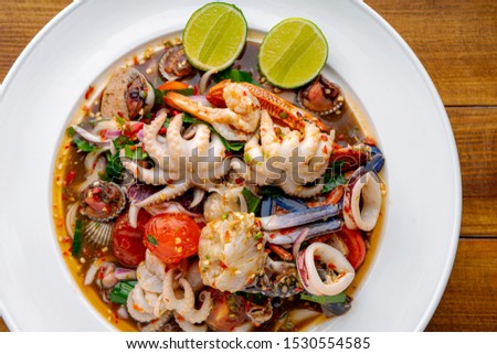 Thai food, spicy mixed seafood salad,Thai spicy food recipe,Spicy seafood,Yum Spicy seafood