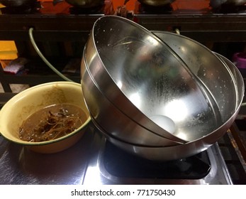 Thai Food. Tamarind Paste In Small Zinc Bowl, Made From Sour Ripe Tamarind For Cooking Pad Thai Noodle.