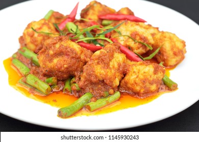 Thai food.Spicy stir fried fish balls with string bean and herbs. - Shutterstock ID 1145930243