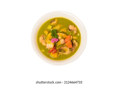 THAI Fried Fish Fillet GREEN CURRY. Thailand Tradition Green Curry Soup With Fried Fish Fillet And Coconut Milk. Isolated On White Background.