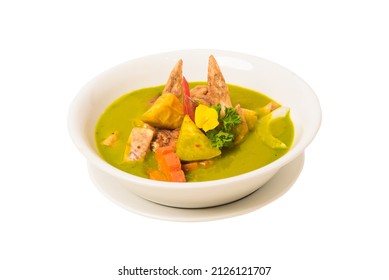 THAI Fried Fish Fillet GREEN CURRY. Thailand Tradition Green Curry Soup With Fried Fish Fillet And Coconut Milk. Isolated On White Background.