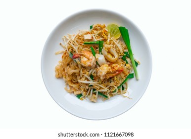 Thai Fried Noodles "Pad Thai" with shrimp and vegetables isolated on white background