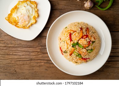 Thai Fried Rice With Shrimp And Basil With Fried Egg.Top View