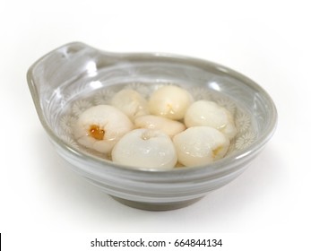 Thai Fruit Dessert : Lychee Seedless (carving) In Syrup, Served In Bowl, Isolated On White