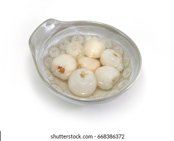 Thai Fruit Dessert : Lychee Seedless (carving) In Syrup, Served In Bowl, Isolated On White