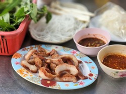 Thai Grilled Pork Neck With Spicy Dipping Sauce,Isaan Foods, Local North-eastern Thailand Foods.selective Focus