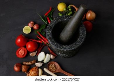 Thai kitchen. Various herbs, spices and Ingredients on dark background. Top view - Shutterstock ID 2201784027