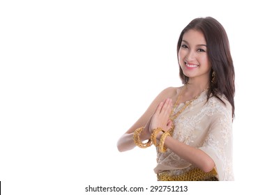 Thai Lady in vintage original Thailand attire Sawasdee action (welcome in thai style)