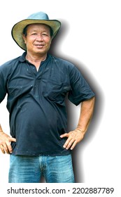 Thai Male, Aged 50-55 Years Close-up Portrait Wearing A Big Cowboy Hat, Smiling Like A Dark-skinned Asian Man On A White Background.