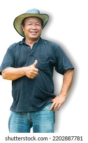 Thai Man, 50-55 Years Old, A Farmer Wearing A Big Cowboy Hat, Smiling Like A Dark-skinned Asian Man On A White Background.