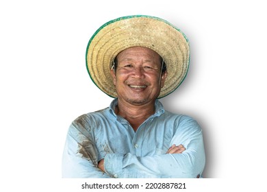 Thai Man, 50-55 Years Old, Farmer Wearing A Big Hat, Smiling Like A Dark-skinned Asian Man On A White Background.