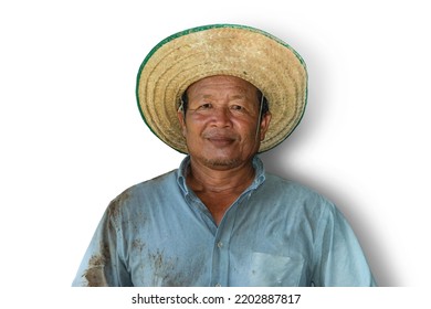 A Thai Man Aged 50-55 Years Old, A Farmer Wearing A Big Hat, Stands Staring At A Dark-skinned Asian Model On A White Background.