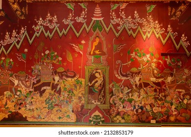 Thai Mural Paintings on the wall, Buddha history, Thailand culture,  at Thai temple local art,