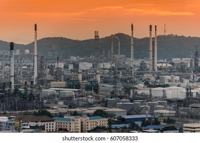 Thai Oil Refinery (petrochemical Industry) With Orange Twilight In Sriracha, Chonburi, Thailand

