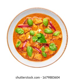 Thai Panang Chicken Curry Isolated On White Background. Phanaeng Curry Is Thai Cuisine Dish With Chicken, Kaffir Lime Leaves, Red Curry Sauce And Vegetables. Thai Food. Thailand Meal