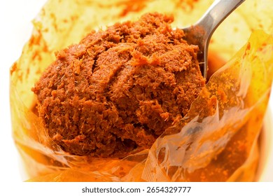 Thai red curry chilli paste on spoon. Spicy food.