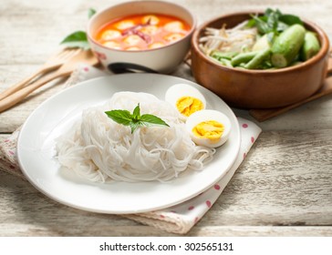 Thai Rice Vermicelli On Wooden Table