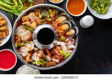 Thai Seafood Hot Pot Top View. Copy Space.