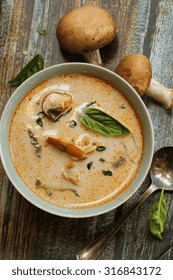 Thai Shrimp Mushroom Soup Overhead View, Soup Made In Coconut Milk