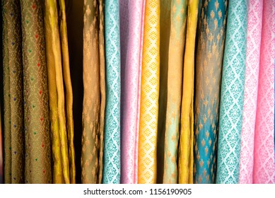 Thai Silk Fabric Folded For Sale In The Local Market.