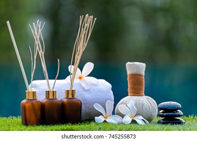 Thai Spa massage compress balls, herbal ball and treatment  spa, relax and healthy care with flower, Thailand.  Healthy Concept. 