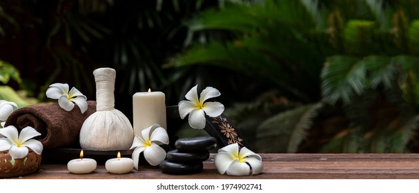 Thai spa massage. Spa treatment cosmetic beauty. Therapy aromatherapy for care body women with candles for relax wellness. Aroma and salt scrub setting ready healthy lifestyle, copy space for banner