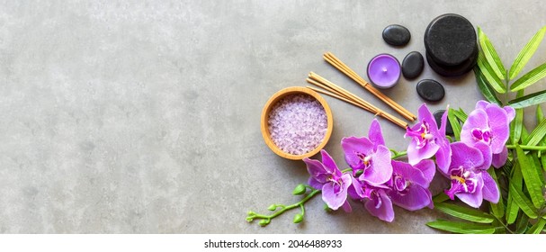 Thai Spa Treatments Aroma Therapy Salt And Sugar Scrub Massage With Purple Orchid Flower On Backboard With Candle. Thailand. Healthy Concept. Copy Space For Banner, Top View