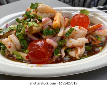 Thai Spicy Salted Egg Yolk And Shrimp Salad With Lotus Root And Onion