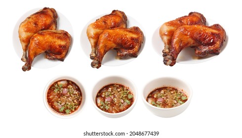Thai style grilled chicken with chili sauce in ceramic dish isolated on white background