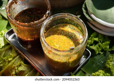 Thai Style Spicy Seafood Dipping Sauce, Mixed With Chili, Pepper And Special Ingredient Contained In Glass Bowl. Food Object Photo, Top View.