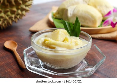 Thai sweet sticky rice with durian in coconut milk at close up view - Thai dessert called Khao Nieow Nam Kati Durian  - Shutterstock ID 2161466721