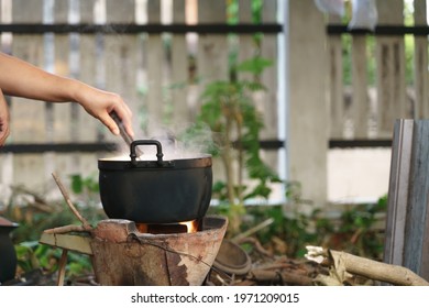 Thai Traditional Cooking By Putting Pot Over Fire Hot Charcoal Clay Stove